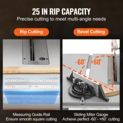 VEVOR Table Saw with Stand, 10-inch 15-Amp, Max Rip 25-in, Speed to 5000RPM, 40T Blade, Compact Portable Jobsite Saw with Sliding Miter for Wood & Furniture Crafting