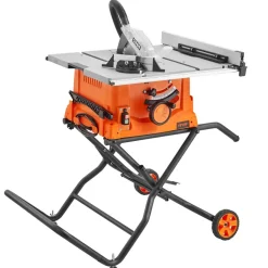 VEVOR Table Saw with Stand, 10-inch 15-Amp, Max Rip 25-in, Speed to 5000RPM, 40T Blade, Compact Portable Jobsite Saw with Sliding Miter for Wood & Furniture Crafting