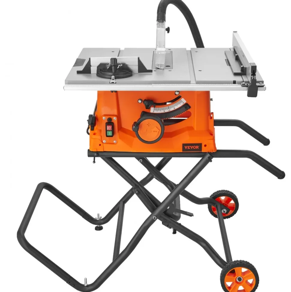 VEVOR Table Saw with Stand, 10-inch 15-Amp, Max Rip 25-in, Speed to 5000RPM, 40T Blade, Compact Portable Jobsite Saw with Sliding Miter for Wood & Furniture Crafting