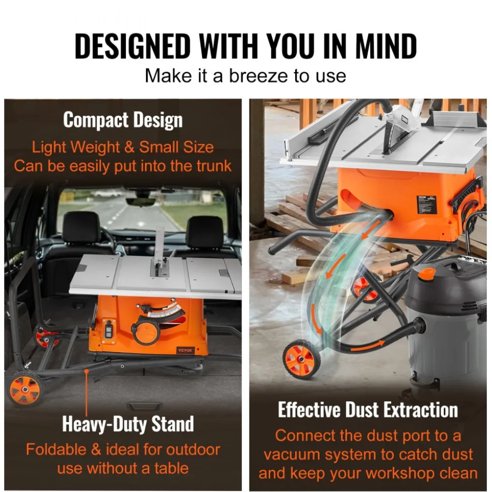 VEVOR Table Saw with Stand, 10-inch 15-Amp, Max Rip 25-in, Speed to 5000RPM, 40T Blade, Compact Portable Jobsite Saw with Sliding Miter for Wood & Furniture Crafting