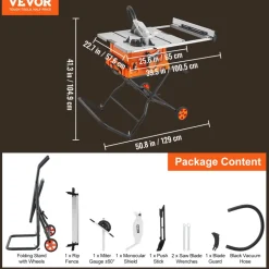 VEVOR Table Saw with Stand, 10-inch 15-Amp, Max Rip 25-in, Speed to 5000RPM, 40T Blade, Compact Portable Jobsite Saw with Sliding Miter for Wood & Furniture Crafting