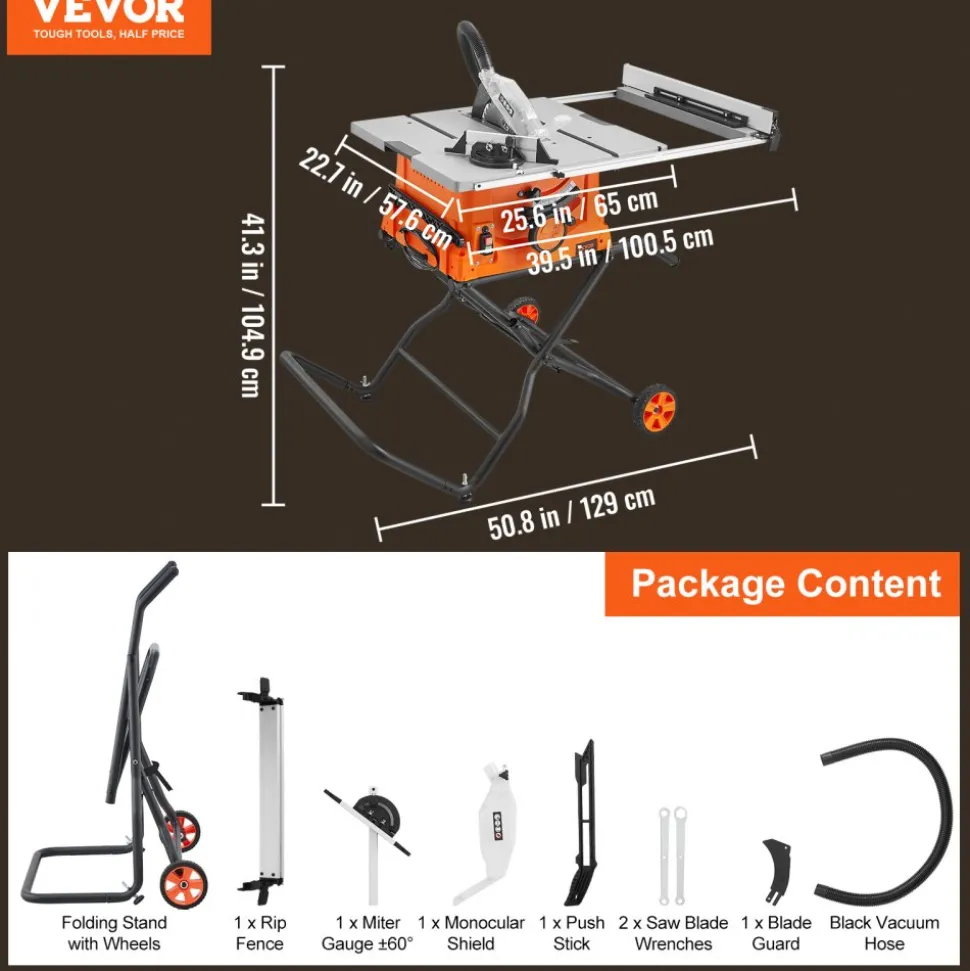 VEVOR Table Saw with Stand, 10-inch 15-Amp, Max Rip 25-in, Speed to 5000RPM, 40T Blade, Compact Portable Jobsite Saw with Sliding Miter for Wood & Furniture Crafting