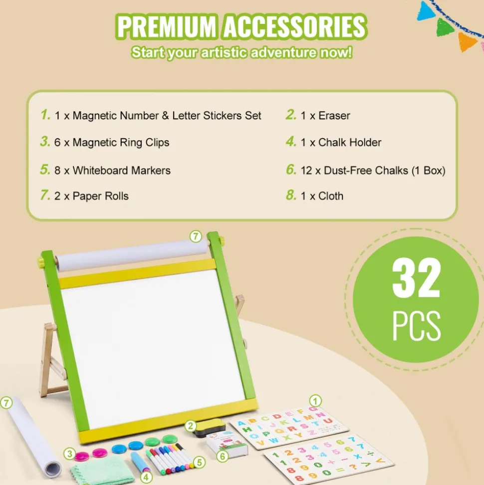 VEVOR Tabletop Art Easel for Kids, 3-in-1 Wooden Double-Sided Kid's Art Easel with Magnetic Whiteboard, Chalkboard, Paper Roll, Foldable Portable Drawing Board with Painting Accessories for Boys Girls