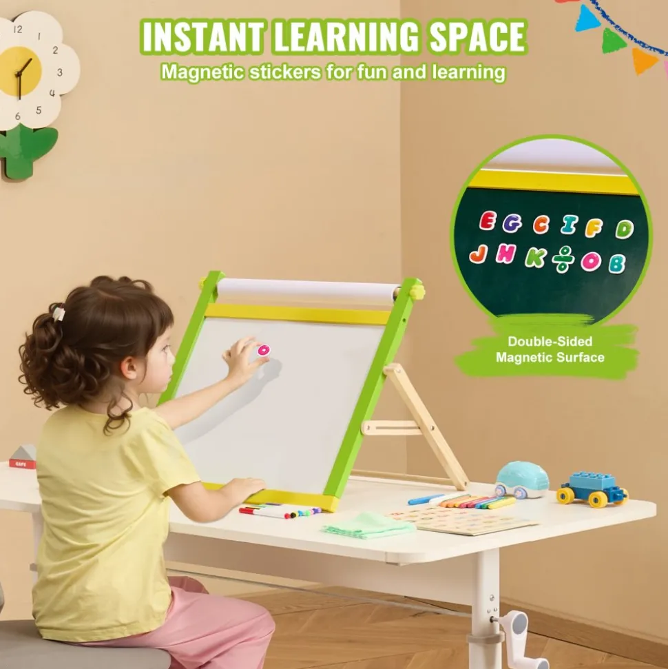 VEVOR Tabletop Art Easel for Kids, 3-in-1 Wooden Double-Sided Kid's Art Easel with Magnetic Whiteboard, Chalkboard, Paper Roll, Foldable Portable Drawing Board with Painting Accessories for Boys Girls