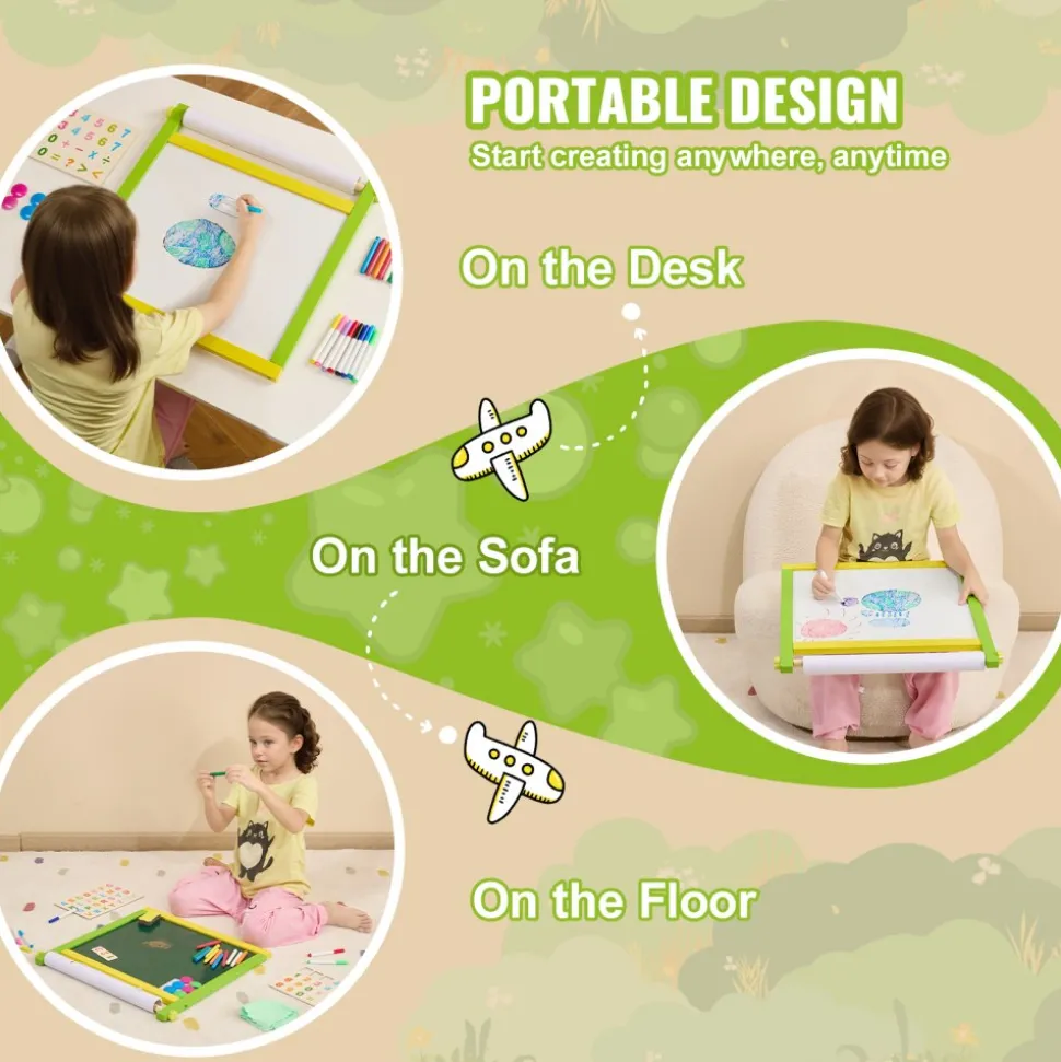 VEVOR Tabletop Art Easel for Kids, 3-in-1 Wooden Double-Sided Kid's Art Easel with Magnetic Whiteboard, Chalkboard, Paper Roll, Foldable Portable Drawing Board with Painting Accessories for Boys Girls