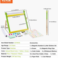 VEVOR Tabletop Art Easel for Kids, 3-in-1 Wooden Double-Sided Kid's Art Easel with Magnetic Whiteboard, Chalkboard, Paper Roll, Foldable Portable Drawing Board with Painting Accessories for Boys Girls