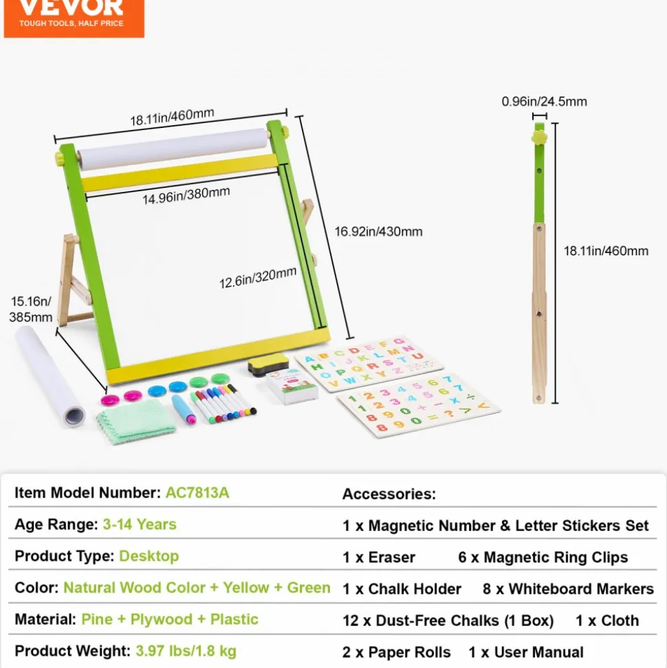 VEVOR Tabletop Art Easel for Kids, 3-in-1 Wooden Double-Sided Kid's Art Easel with Magnetic Whiteboard, Chalkboard, Paper Roll, Foldable Portable Drawing Board with Painting Accessories for Boys Girls