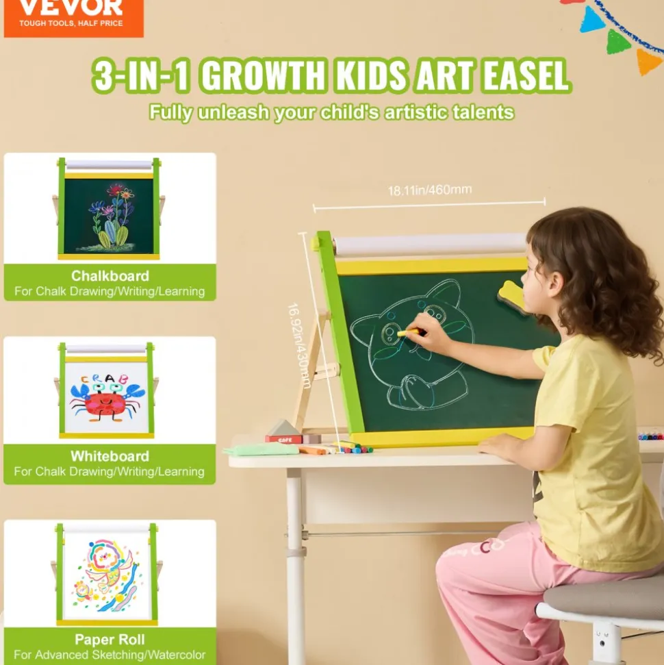 VEVOR Tabletop Art Easel for Kids, 3-in-1 Wooden Double-Sided Kid's Art Easel with Magnetic Whiteboard, Chalkboard, Paper Roll, Foldable Portable Drawing Board with Painting Accessories for Boys Girls