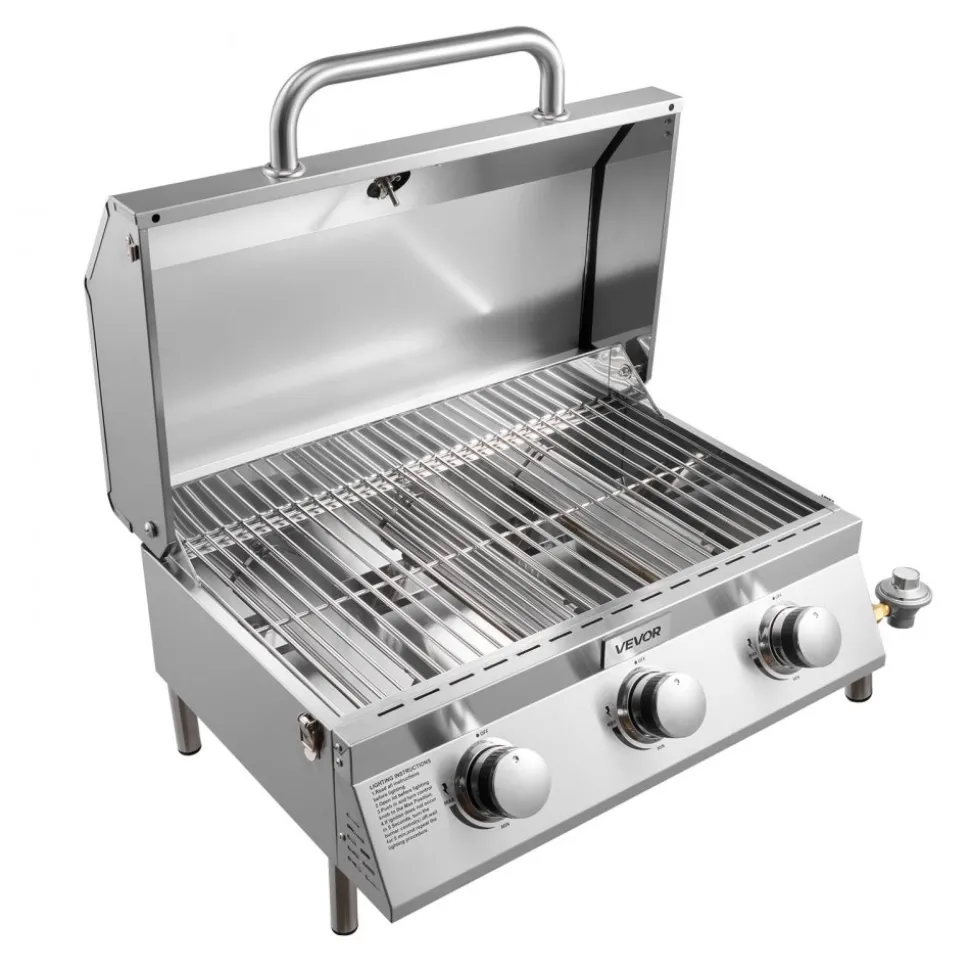 VEVOR Tabletop Gas Grill, 3-Burner Stainless Steel Portable Propane Grill, with Built-in Thermometer, Travel Locks, Weatherproof Lid, 22,500 BTU Total, for Outdoor Cooking, Patio, Party, Camping, RV