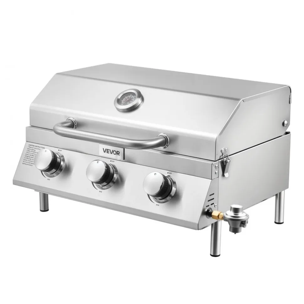 VEVOR Tabletop Gas Grill, 3-Burner Stainless Steel Portable Propane Grill, with Built-in Thermometer, Travel Locks, Weatherproof Lid, 22,500 BTU Total, for Outdoor Cooking, Patio, Party, Camping, RV