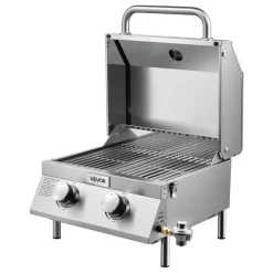 VEVOR Tabletop Gas Grill, 2-Burner Stainless Steel Portable Propane Grill, with Built-in Thermometer, Travel Locks, Weatherproof Lid, 15,000 BTU Total, for Outdoor Cooking, Patio, Party, Camping, RV