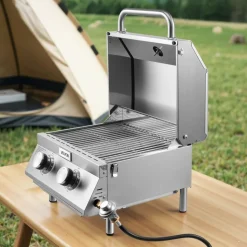VEVOR Tabletop Gas Grill, 2-Burner Stainless Steel Portable Propane Grill, with Built-in Thermometer, Travel Locks, Weatherproof Lid, 15,000 BTU Total, for Outdoor Cooking, Patio, Party, Camping, RV