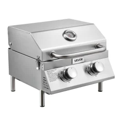VEVOR Tabletop Gas Grill, 2-Burner Stainless Steel Portable Propane Grill, with Built-in Thermometer, Travel Locks, Weatherproof Lid, 15,000 BTU Total, for Outdoor Cooking, Patio, Party, Camping, RV