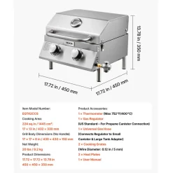 VEVOR Tabletop Gas Grill, 2-Burner Stainless Steel Portable Propane Grill, with Built-in Thermometer, Travel Locks, Weatherproof Lid, 15,000 BTU Total, for Outdoor Cooking, Patio, Party, Camping, RV