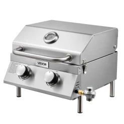 VEVOR Tabletop Gas Grill, 2-Burner Stainless Steel Portable Propane Grill, with Built-in Thermometer, Travel Locks, Weatherproof Lid, 15,000 BTU Total, for Outdoor Cooking, Patio, Party, Camping, RV