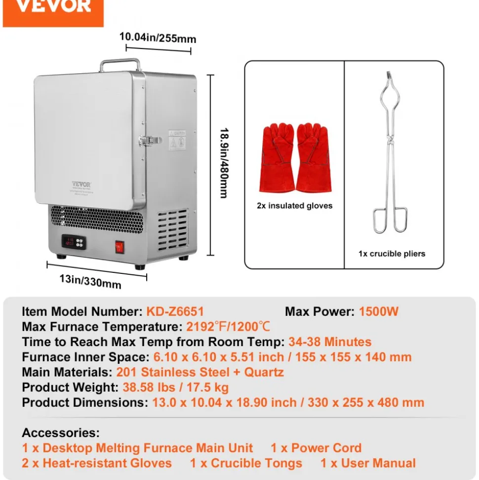 VEVOR Tabletop Kiln Melter, 1500W Electric Kiln, 2192℉ Max Temperature, Stainless Steel, Programmable Gold Melting Furnace for Wax Casting, Clay DIY, Metal Tempering, Glazing on Pottery, Silver