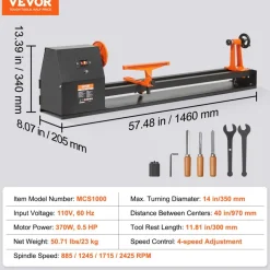 VEVOR Tabletop Wood Lathe, Dimensions 14x40 inches, Motor Power 0.5 HP 370W, Features Variable Speeds 885/1245/1715/2425 RPM, Includes Chisels, Faceplate, Plastic Handle, Hex Wrench, Ideal for Craf