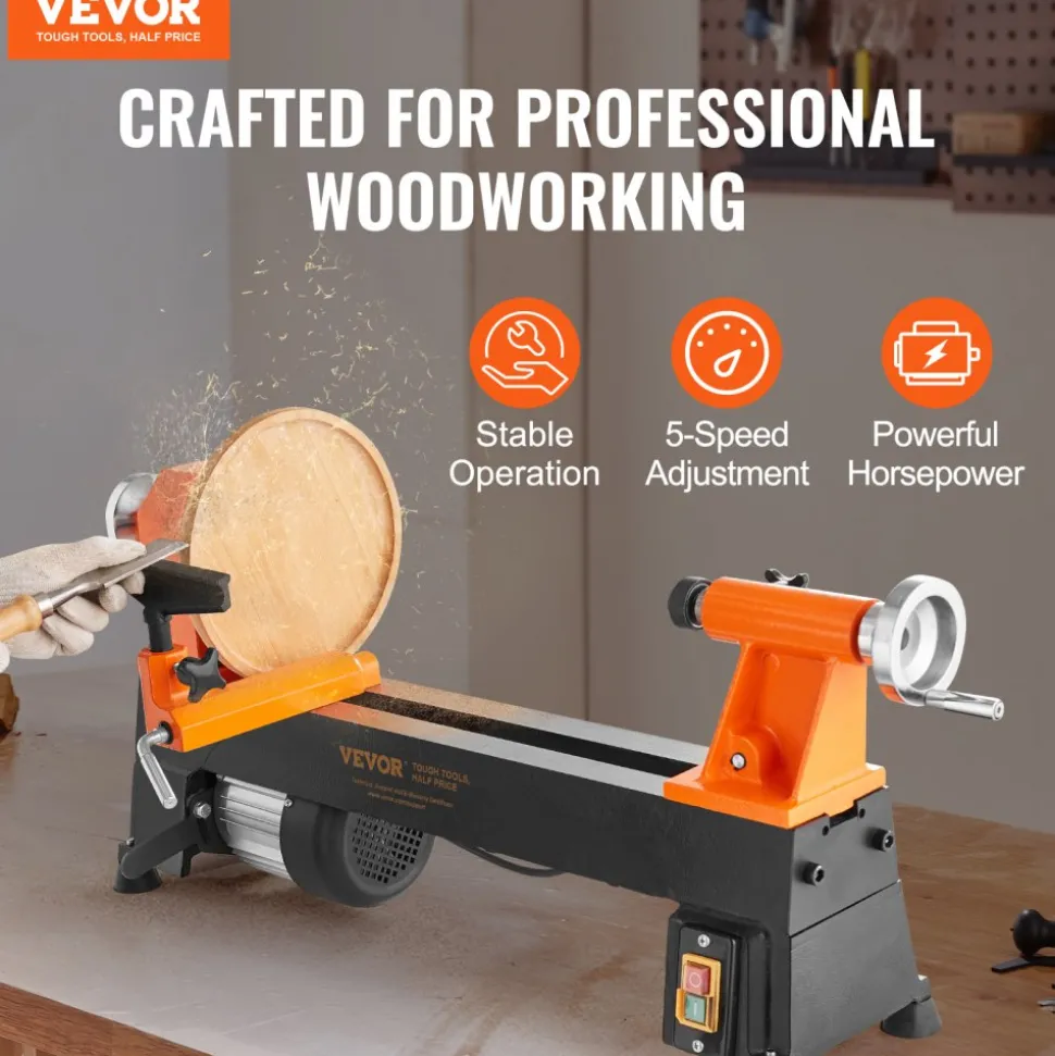 VEVOR Tabletop Wood Lathe, Dimensions 10x18 inches, Motor Strength 0.5 HP 370W, Offers Wood Crafting with 5 Adjustable Speeds ranging from 780 to 3840 RPM, Includes Rod Injection, Wrenches, Facepla