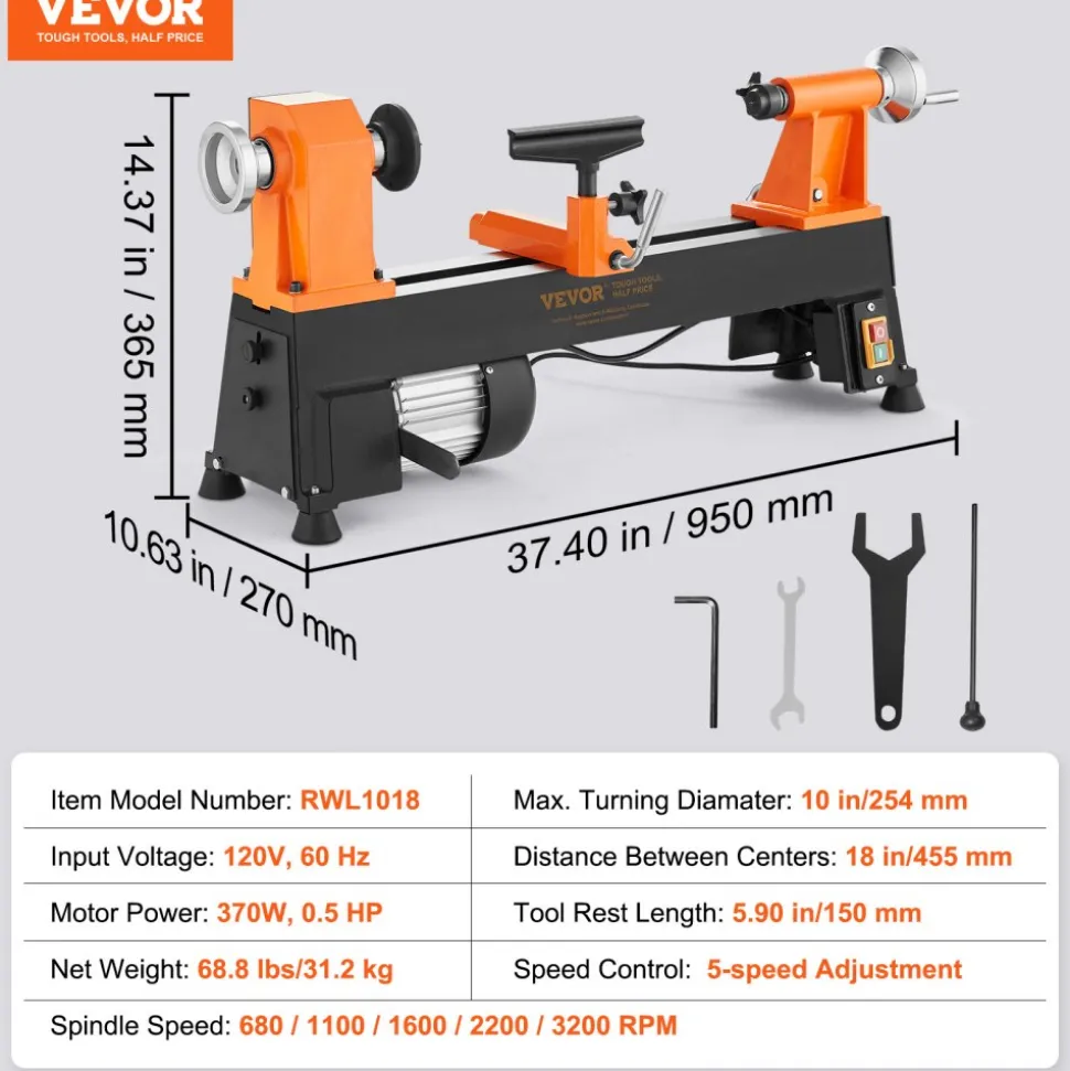 VEVOR Tabletop Wood Lathe, Dimensions 10x18 inches, Motor Strength 0.5 HP 370W, Offers Wood Crafting with 5 Adjustable Speeds ranging from 780 to 3840 RPM, Includes Rod Injection, Wrenches, Facepla