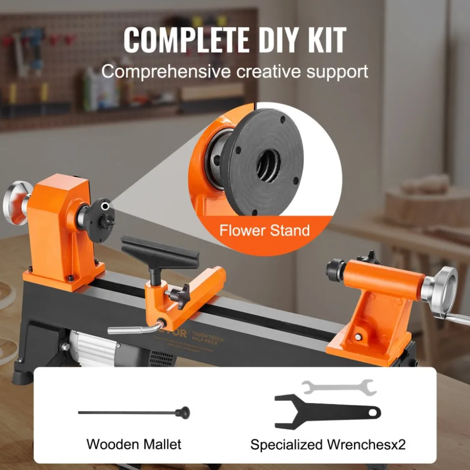VEVOR Tabletop Wood Lathe, Dimensions 10x18 inches, Motor Strength 0.5 HP 370W, Offers Wood Crafting with 5 Adjustable Speeds ranging from 780 to 3840 RPM, Includes Rod Injection, Wrenches, Facepla