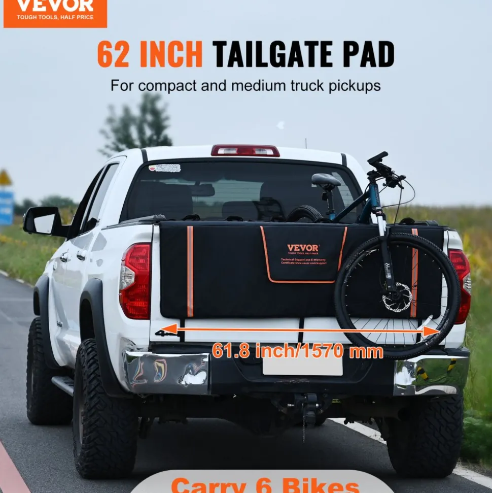 VEVOR Tailgate Bike Pad, 62" Truck Tailgate Pad Carry 6 Mountain Bikes, Tailgate Protection Pad with Reflective Strips and Tool Pockets, Tailgate Pad with Rear Camera Opening for Pickup Trucks
