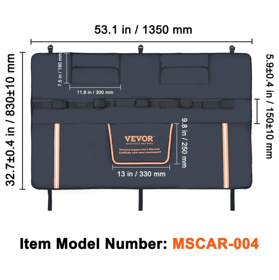 VEVOR Tailgate Bike Pad, 53" Truck Tailgate Pad Carry 5 Mountain Bikes, Tailgate Protection Pad with Reflective Strips and Tool Pockets, Tailgate Pad with Camera Opening for Mid-Size Pickup Trucks