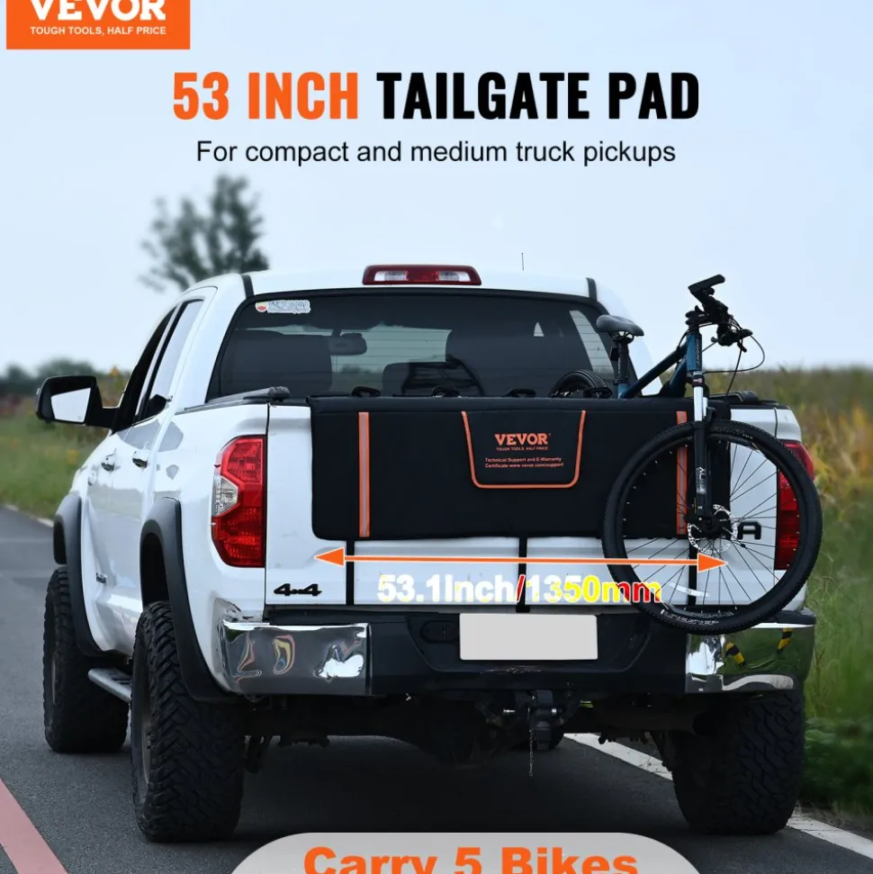 VEVOR Tailgate Bike Pad, 53" Truck Tailgate Pad Carry 5 Mountain Bikes, Tailgate Protection Pad with Reflective Strips and Tool Pockets, Tailgate Pad with Camera Opening for Mid-Size Pickup Trucks