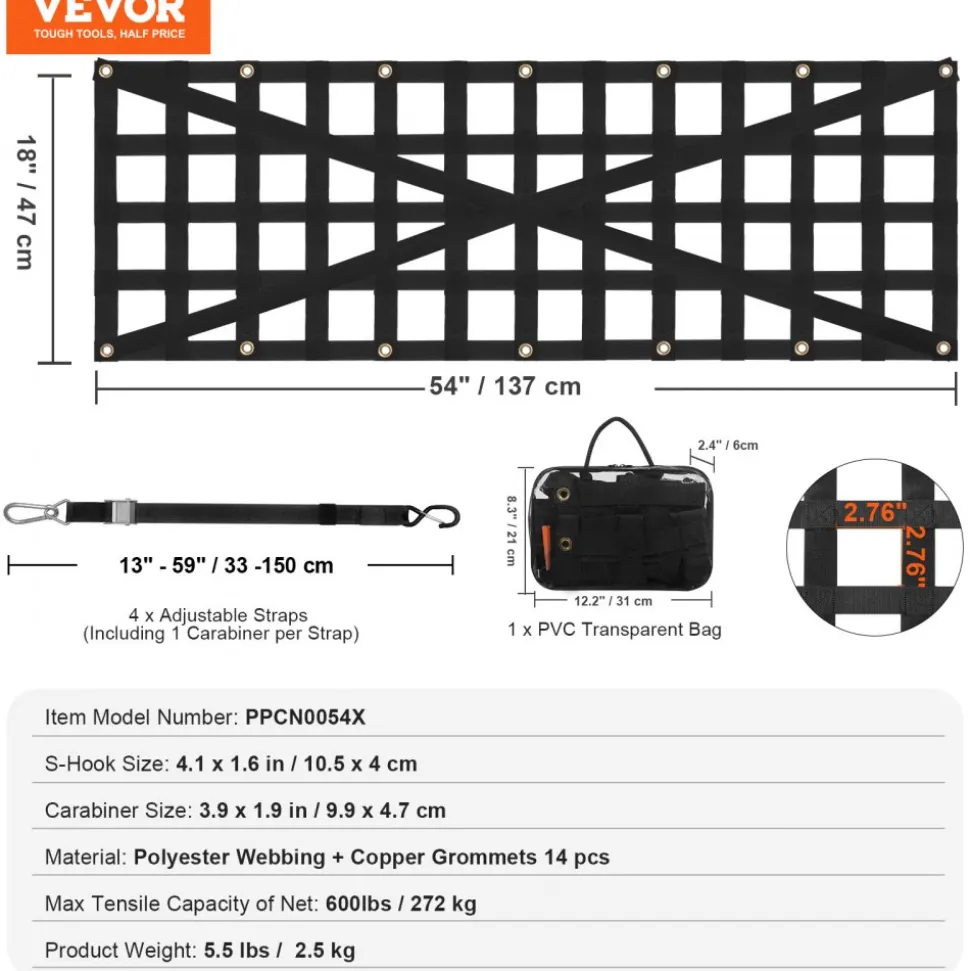 VEVOR Tailgate Net, 54 in x 18 in, Heavy Duty Cargo Net for Truck Bed with 4 Adjustable Telescopic Straps, Cross-reinforced Design, Extendable & Durable, Suitable for Pickup, Truck, Trailer, Jeep, SUV