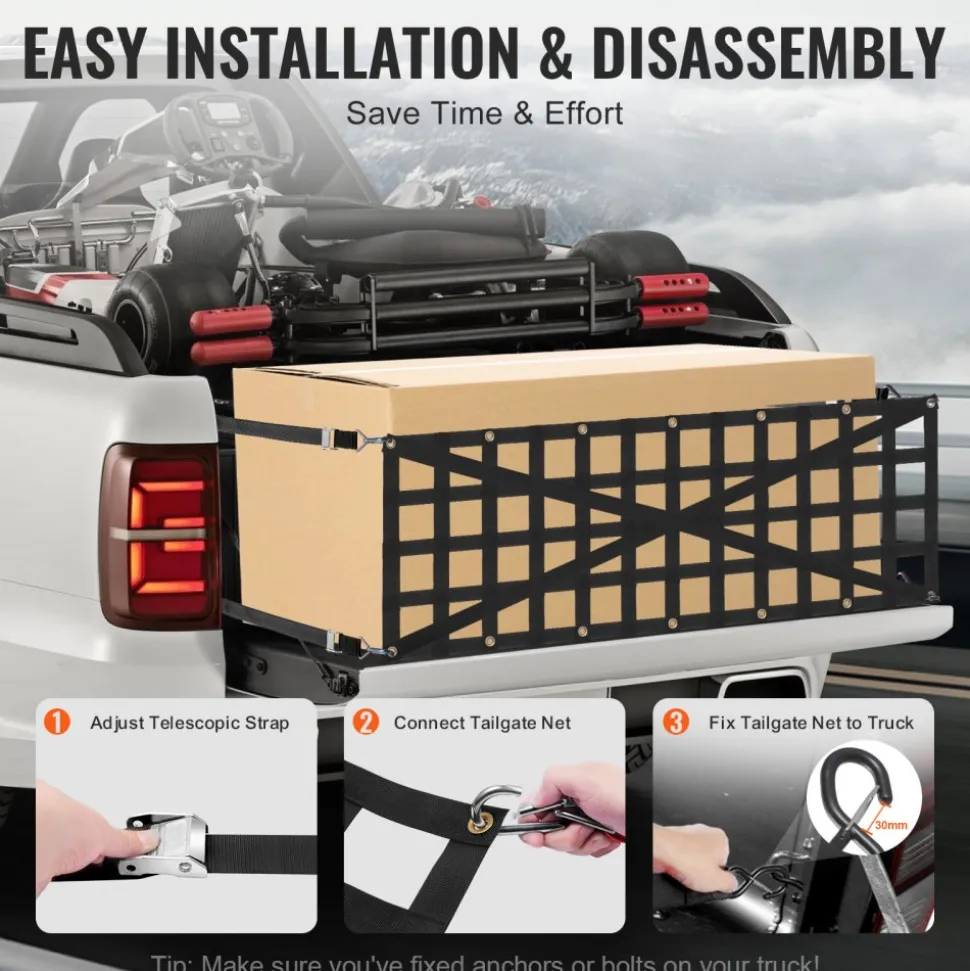 VEVOR Tailgate Net, 54 in x 18 in, Heavy Duty Cargo Net for Truck Bed with 4 Adjustable Telescopic Straps, Cross-reinforced Design, Extendable & Durable, Suitable for Pickup, Truck, Trailer, Jeep, SUV