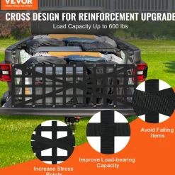 VEVOR Tailgate Net, 54 in x 18 in, Heavy Duty Cargo Net for Truck Bed with 4 Adjustable Telescopic Straps, Cross-reinforced Design, Extendable & Durable, Suitable for Pickup, Truck, Trailer, Jeep, SUV