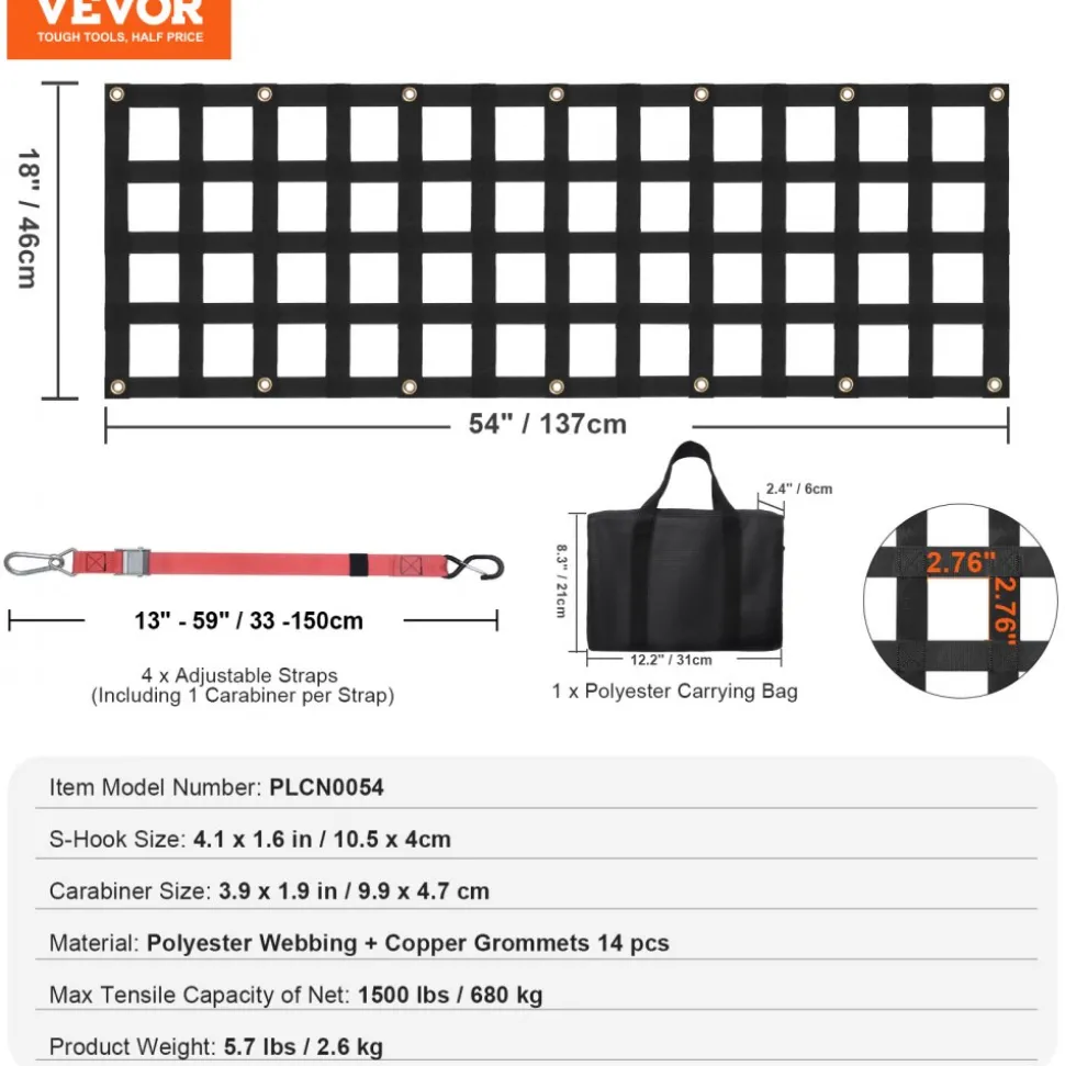 VEVOR Tailgate Net, 54 in x 18 in, Heavy Duty Cargo Net for Truck Bed with 4 Adjustable Telescopic Straps, Extendable & Durable, Flexible Adjustment, Suitable for Pickup, Trailer, Truck, Jeep, SUV