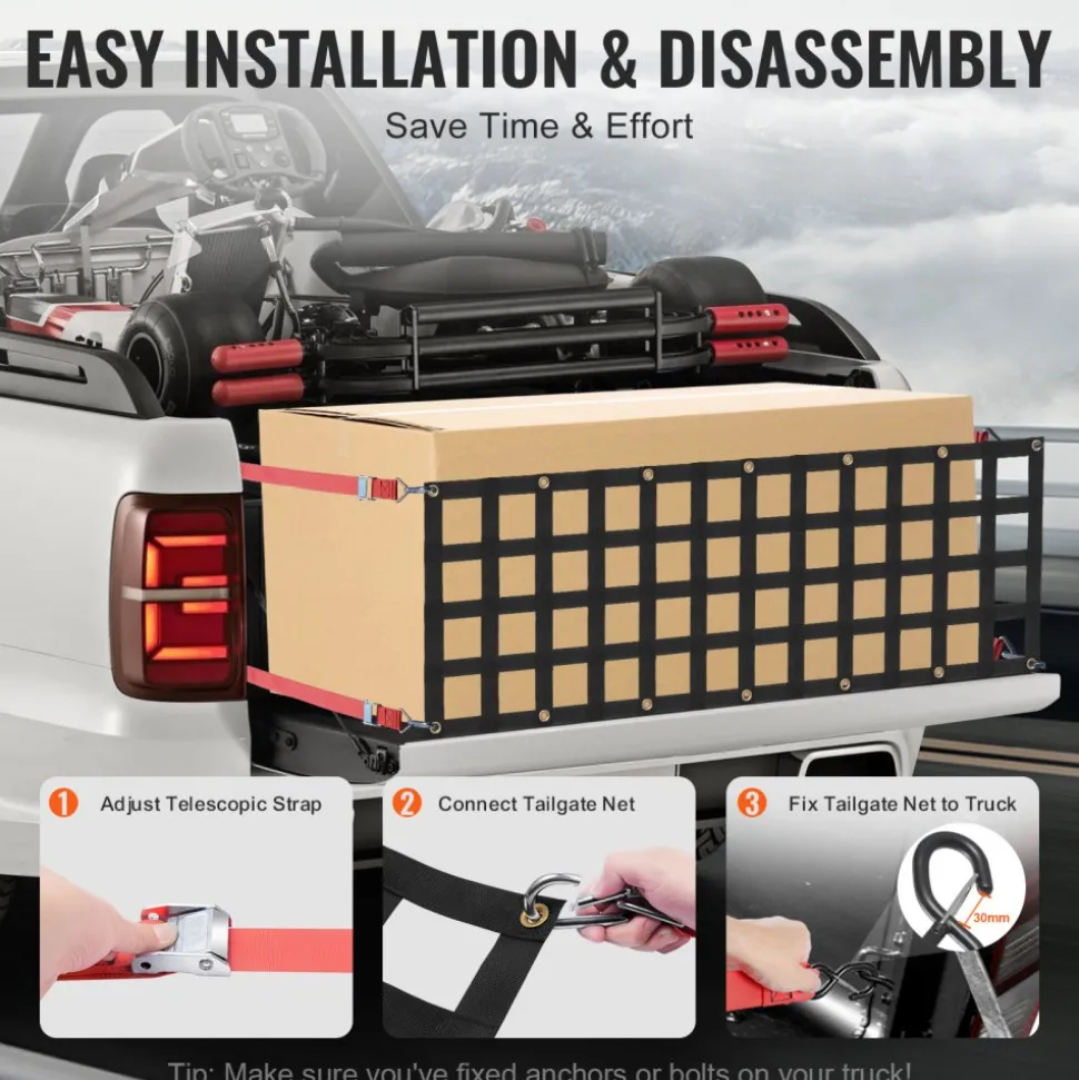 VEVOR Tailgate Net, 54 in x 18 in, Heavy Duty Cargo Net for Truck Bed with 4 Adjustable Telescopic Straps, Extendable & Durable, Flexible Adjustment, Suitable for Pickup, Trailer, Truck, Jeep, SUV