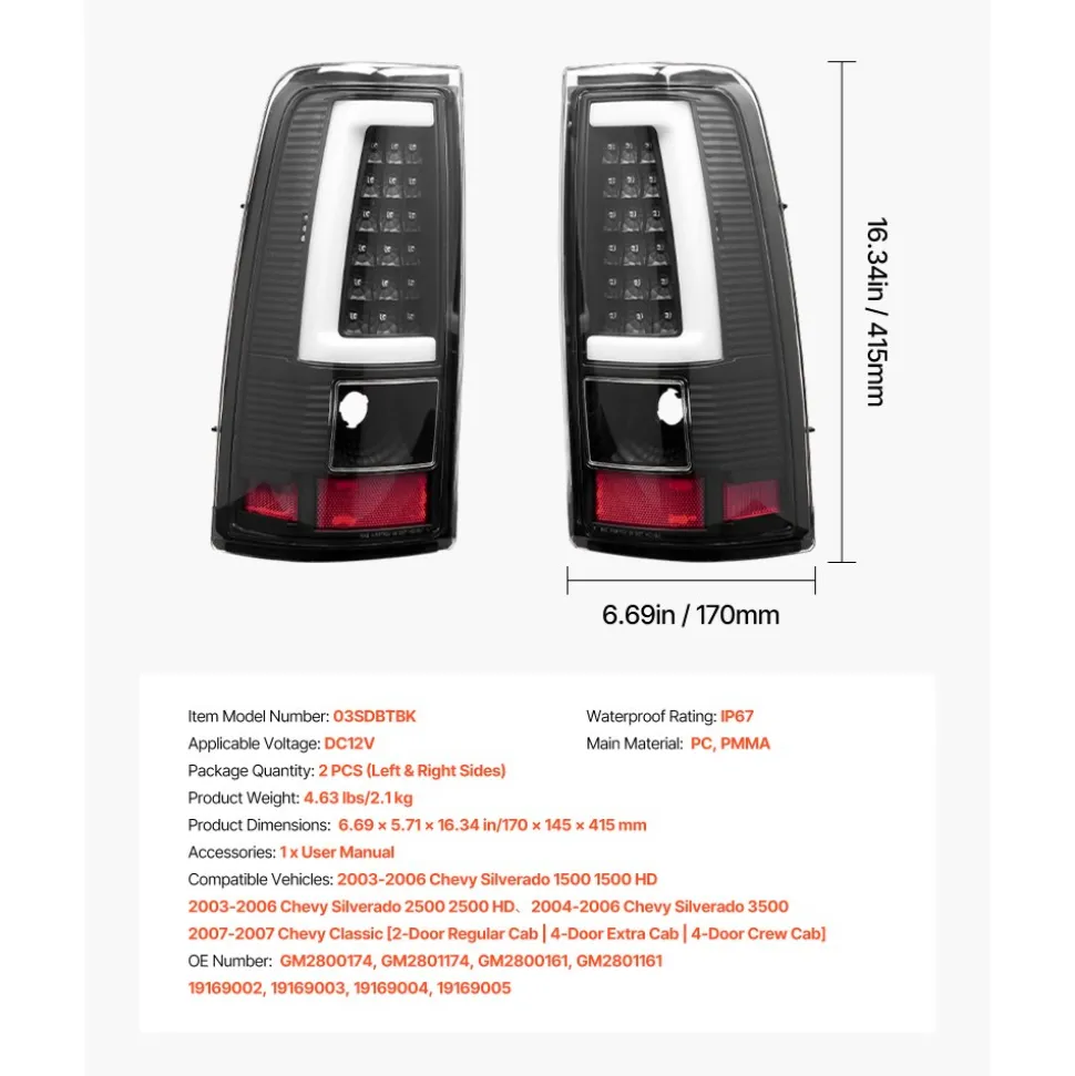 VEVOR Tail Light Assembly Compatible with 2003-2006 Chevy Silverado 1500 1500 HD 2500 2500 HD 3500, 2007-2007 Chevy Classic, 2PCS Driver & Passenger Side LED Taillight Brake Lamps with Bulbs, Black
