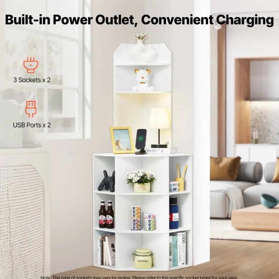 VEVOR 64" Tall Corner Storage Cabinet, 6 Tiers Wooden Storage Cabinet with USB Ports and Outlets & Adjustable Shelves, Freestanding Corner Cabinet for Living Room, Kitchen, Laundry Room, White