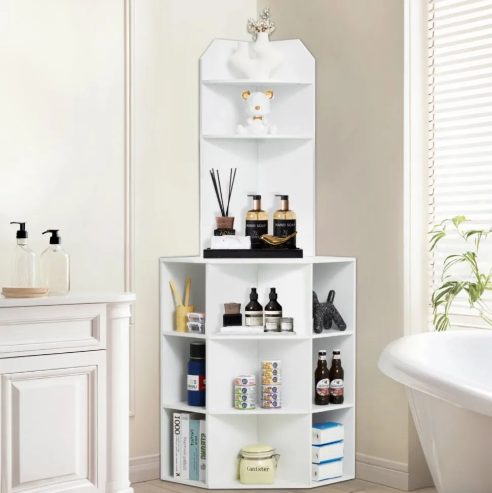 VEVOR 64" Tall Corner Storage Cabinet, 6 Tiers Wooden Storage Cabinet with USB Ports and Outlets & Adjustable Shelves, Freestanding Corner Cabinet for Living Room, Kitchen, Laundry Room, White