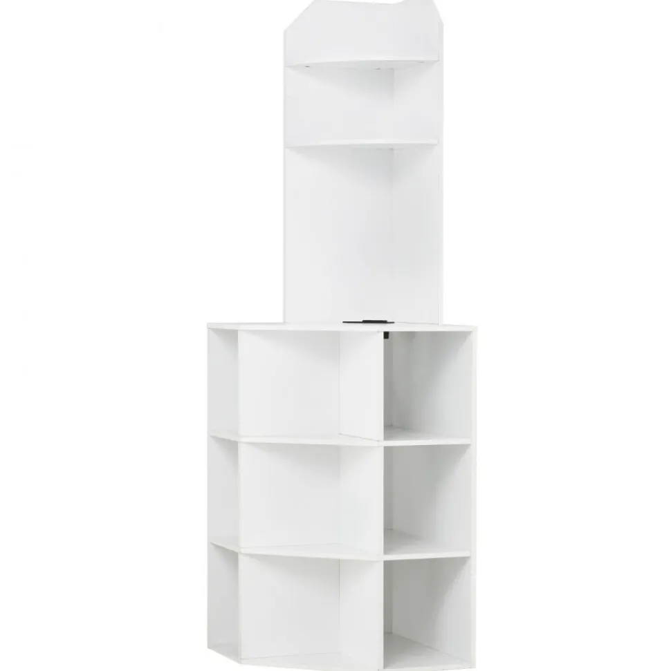 VEVOR 64" Tall Corner Storage Cabinet, 6 Tiers Wooden Storage Cabinet with USB Ports and Outlets & Adjustable Shelves, Freestanding Corner Cabinet for Living Room, Kitchen, Laundry Room, White
