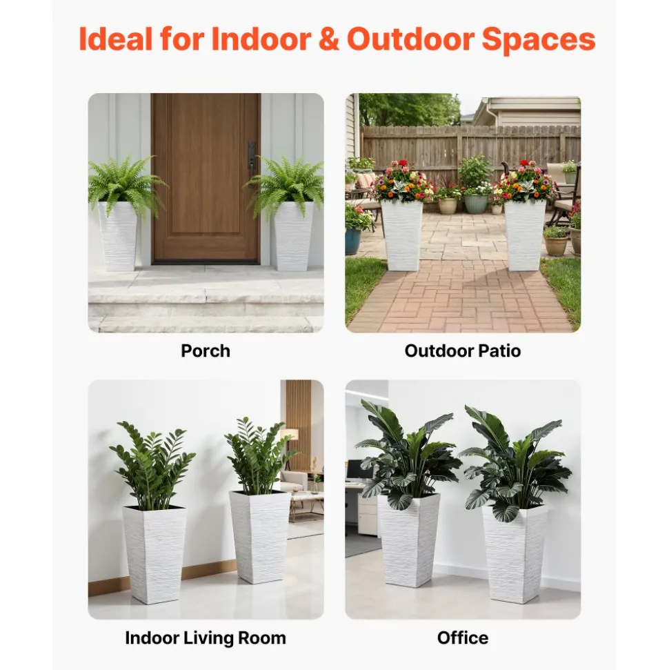 VEVOR Tall Planters Set of 2, 23 Inch Large Outdoor Taper Planters for Outdoor Indoor Plants, Front Porch Plastic Modern Flower Pots with Casters, Inner Pot & Drainage Holes for Patio, Garden, White