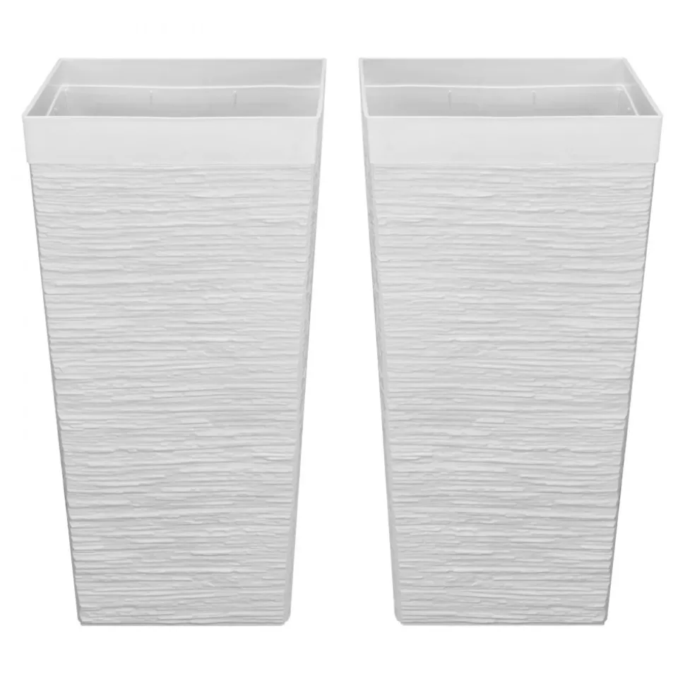 VEVOR Tall Planters Set of 2, 23 Inch Large Outdoor Taper Planters for Outdoor Indoor Plants, Front Porch Plastic Modern Flower Pots with Casters, Inner Pot & Drainage Holes for Patio, Garden, White