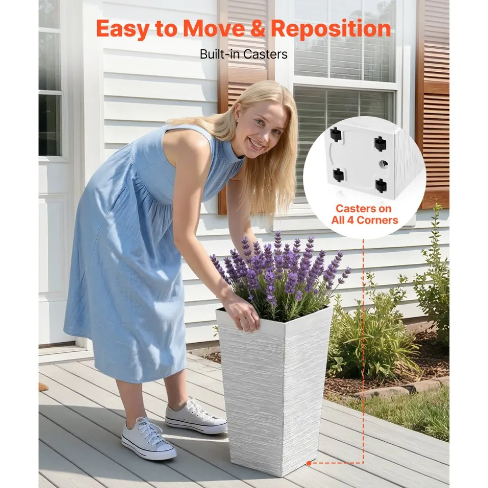 VEVOR Tall Planters Set of 2, 23 Inch Large Outdoor Taper Planters for Outdoor Indoor Plants, Front Porch Plastic Modern Flower Pots with Casters, Inner Pot & Drainage Holes for Patio, Garden, White