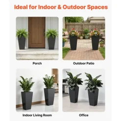 VEVOR Tall Planters Set of 2, 22 Inch Large Outdoor Taper Planters for Outdoor Indoor Plants, Front Porch Plastic Modern Flower Pots with Casters, Inner Pot & Drainage Holes for Patio, Garden, Black