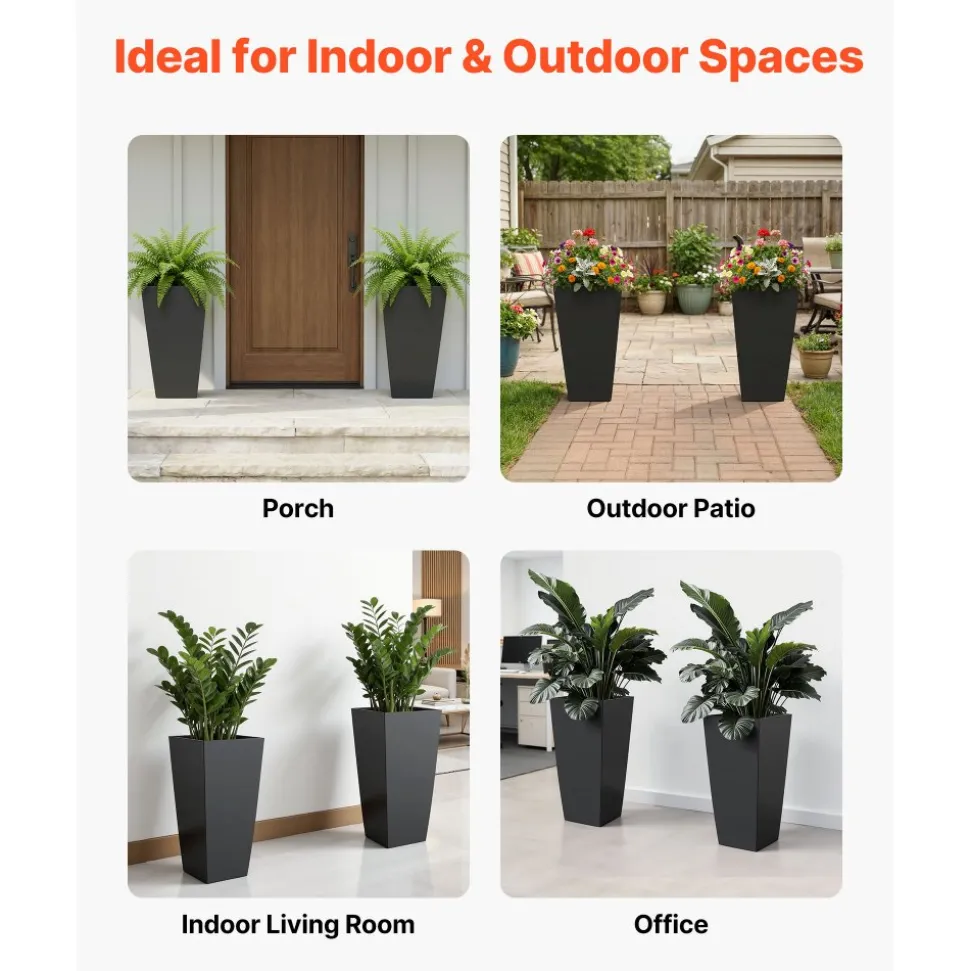 VEVOR Tall Planters Set of 2, 22 Inch Large Outdoor Taper Planters for Outdoor Indoor Plants, Front Porch Plastic Modern Flower Pots with Casters, Inner Pot & Drainage Holes for Patio, Garden, Black