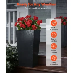VEVOR Tall Planters Set of 2, 22 Inch Large Outdoor Taper Planters for Outdoor Indoor Plants, Front Porch Plastic Modern Flower Pots with Casters, Inner Pot & Drainage Holes for Patio, Garden, Black
