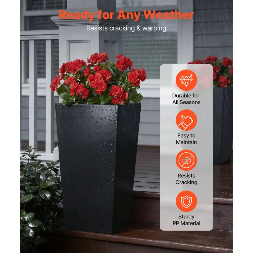 VEVOR Tall Planters Set of 2, 22 Inch Large Outdoor Taper Planters for Outdoor Indoor Plants, Front Porch Plastic Modern Flower Pots with Casters, Inner Pot & Drainage Holes for Patio, Garden, Black