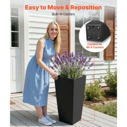 VEVOR Tall Planters Set of 2, 22 Inch Large Outdoor Taper Planters for Outdoor Indoor Plants, Front Porch Plastic Modern Flower Pots with Casters, Inner Pot & Drainage Holes for Patio, Garden, Black