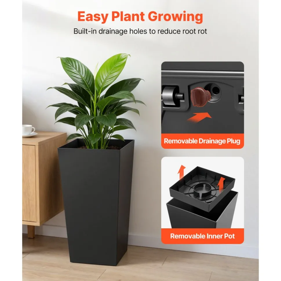 VEVOR Tall Planters Set of 2, 22 Inch Large Outdoor Taper Planters for Outdoor Indoor Plants, Front Porch Plastic Modern Flower Pots with Casters, Inner Pot & Drainage Holes for Patio, Garden, Black