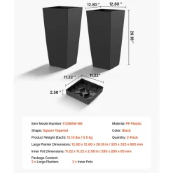 VEVOR Tall Planters Set of 2, 22 Inch Large Outdoor Taper Planters for Outdoor Indoor Plants, Front Porch Plastic Modern Flower Pots with Casters, Inner Pot & Drainage Holes for Patio, Garden, Black
