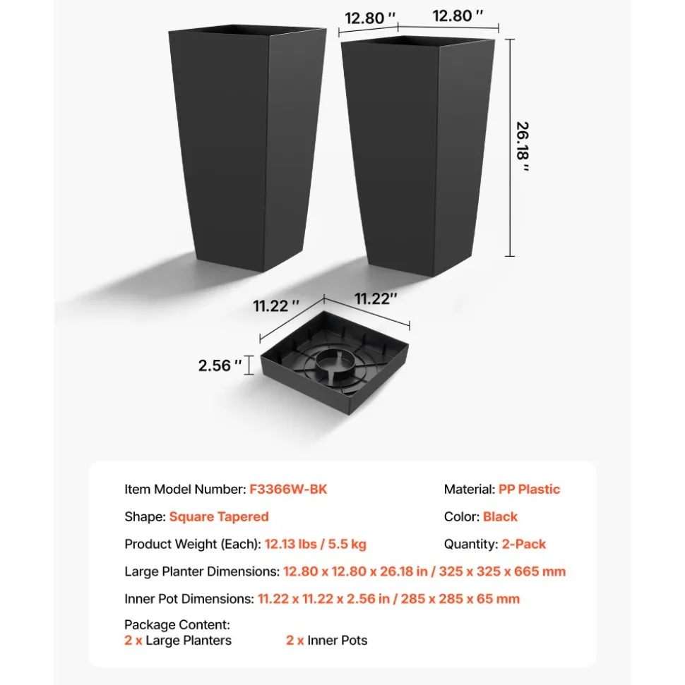 VEVOR Tall Planters Set of 2, 22 Inch Large Outdoor Taper Planters for Outdoor Indoor Plants, Front Porch Plastic Modern Flower Pots with Casters, Inner Pot & Drainage Holes for Patio, Garden, Black