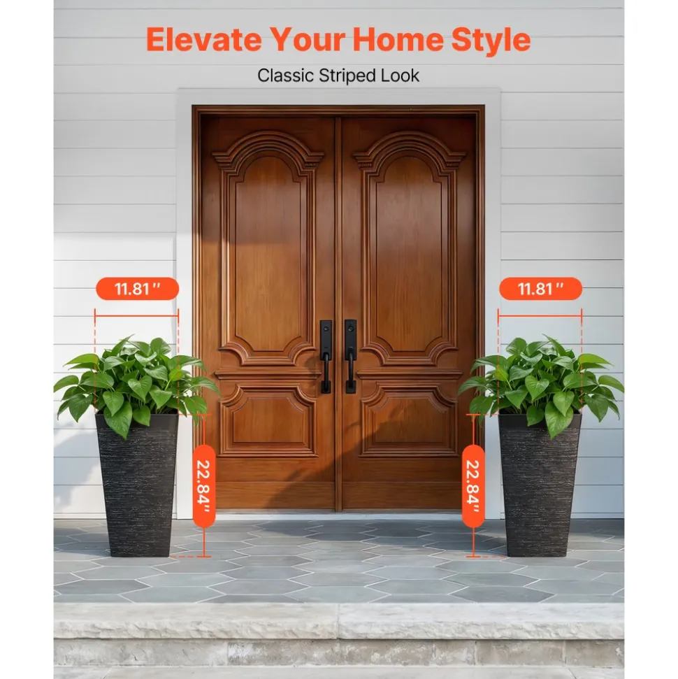 VEVOR Tall Planters Set of 2, 23 Inch Large Outdoor Taper Planters for Outdoor Indoor Plants, Front Porch Plastic Modern Flower Pots with Casters, Inner Pot & Drainage Holes for Patio, Garden, Black