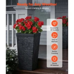 VEVOR Tall Planters Set of 2, 22 Inch Large Outdoor Taper Planters for Outdoor Indoor Plants, Front Porch Plastic Modern Flower Pots with Casters, Inner Pot & Drainage Holes for Patio, Garden, White
