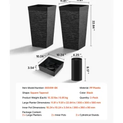 VEVOR Tall Planters Set of 2, 23 Inch Large Outdoor Taper Planters for Outdoor Indoor Plants, Front Porch Plastic Modern Flower Pots with Casters, Inner Pot & Drainage Holes for Patio, Garden, Black